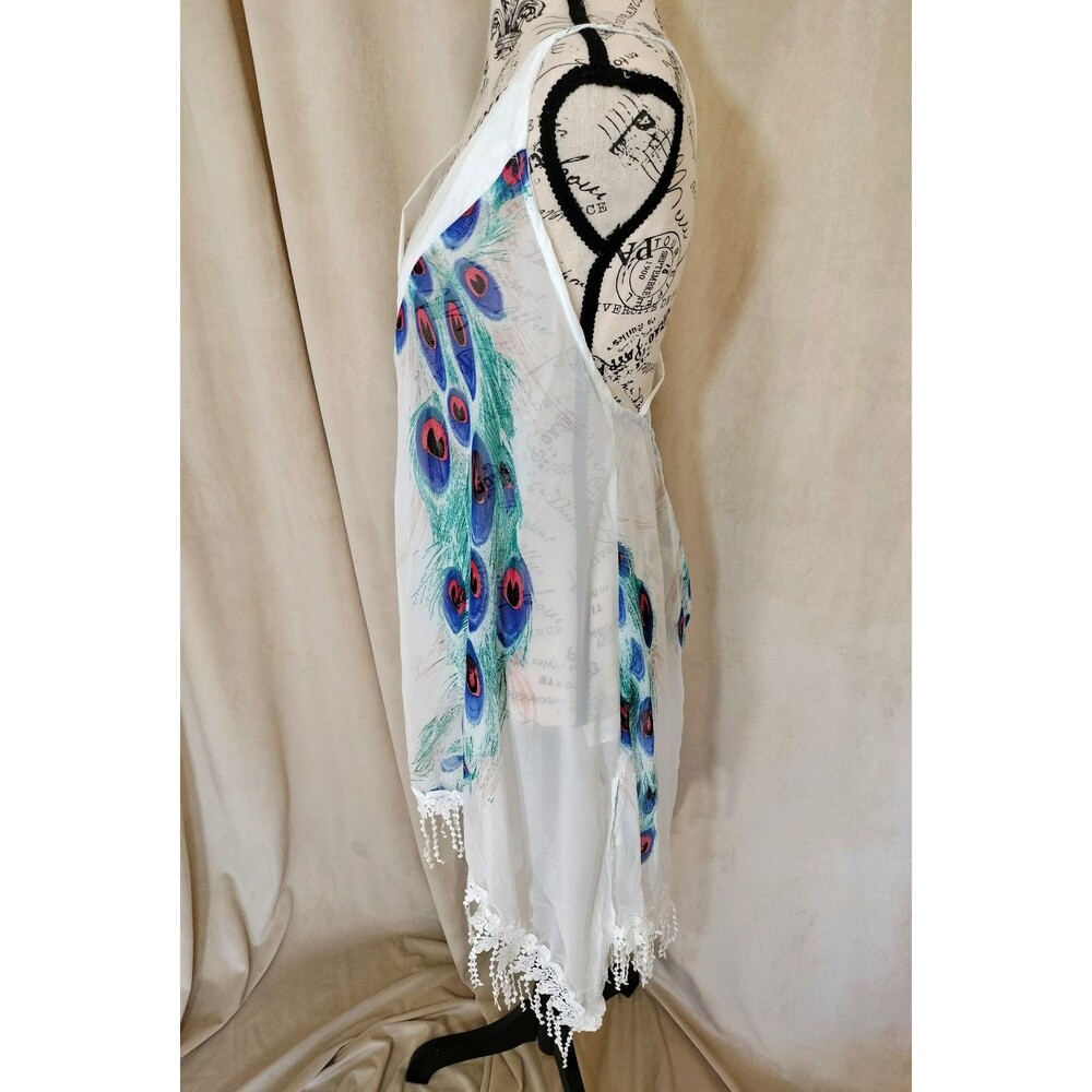NWOT! Venus Strappy Sheer White V-Neck Boho CoverUp w/Peacock Motif. Size XL - Picture 4 of 6